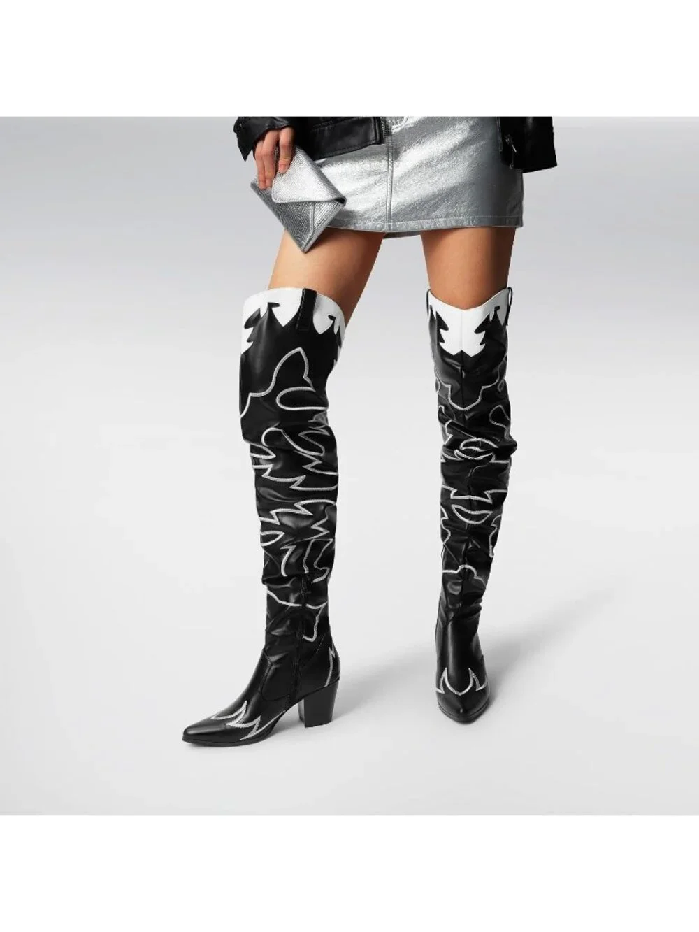 Women's Black Faux Leather Embroidery Slouchy Shaft Chunky Heel Knee High Boots